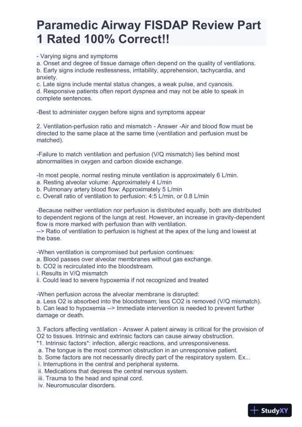 FISDAP Paramedic Airway Practice Exam With Answers (184 Solved Questions) - Page 4 preview image