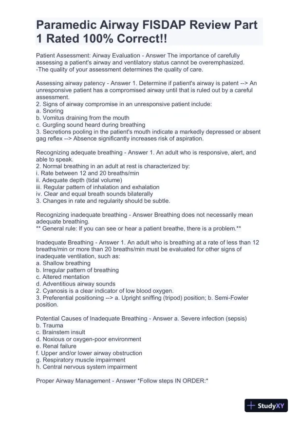 FISDAP Paramedic Airway Practice Exam With Answers (184 Solved Questions) - Page 7 preview image