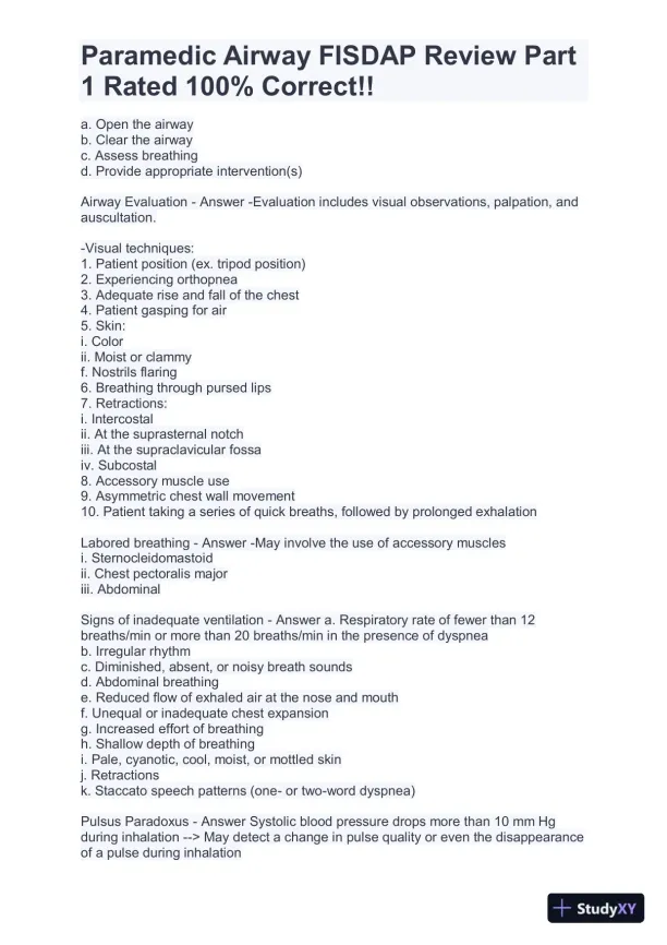 FISDAP Paramedic Airway Practice Exam With Answers (184 Solved Questions) - Page 8 preview image