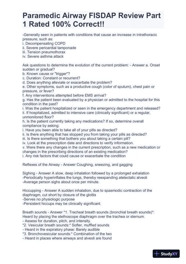 FISDAP Paramedic Airway Practice Exam With Answers (184 Solved Questions) - Page 9 preview image