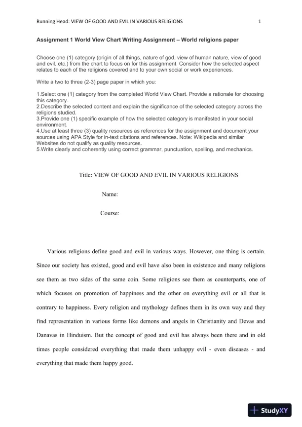 Assignment 1 World View Chart Writing Assignment � World religions paper - Page 1 preview image