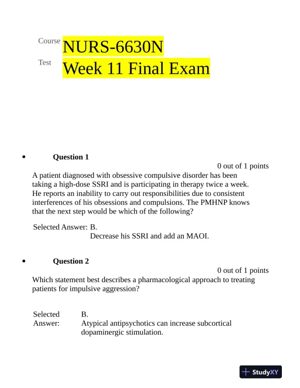 NURS6630N Pharmacology Final Exam Week 11 With Answers (76 Solved Questions) - Page 1 preview image
