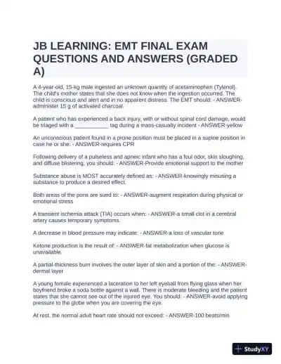 JB Learning: EMT Final Exam with Answers (201 Solved Questions) - Page 1 preview image