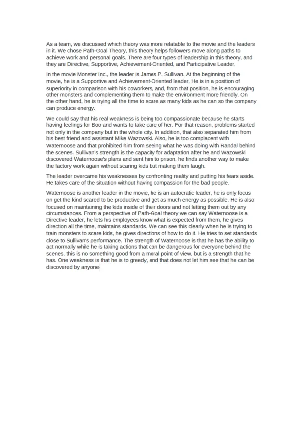 Analysis of Leadership in Monster Inc - Page 1 preview image