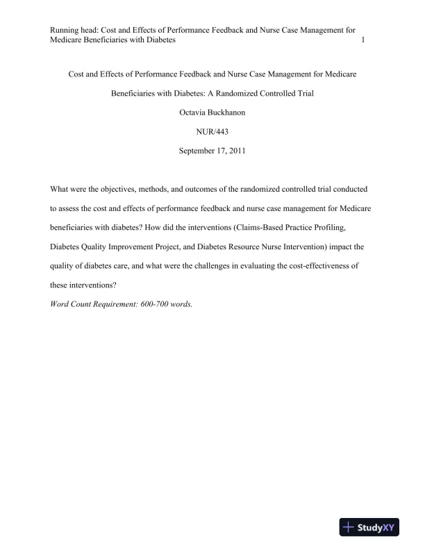 NUR/443 Cost and Effects of Performance Feedback and Nurse Case Management - Page 1 preview image