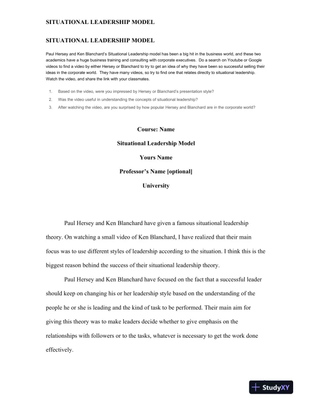 Analyzing the Impact of the Situational Leadership Model by Hersey and Blanchard - Page 1 preview image