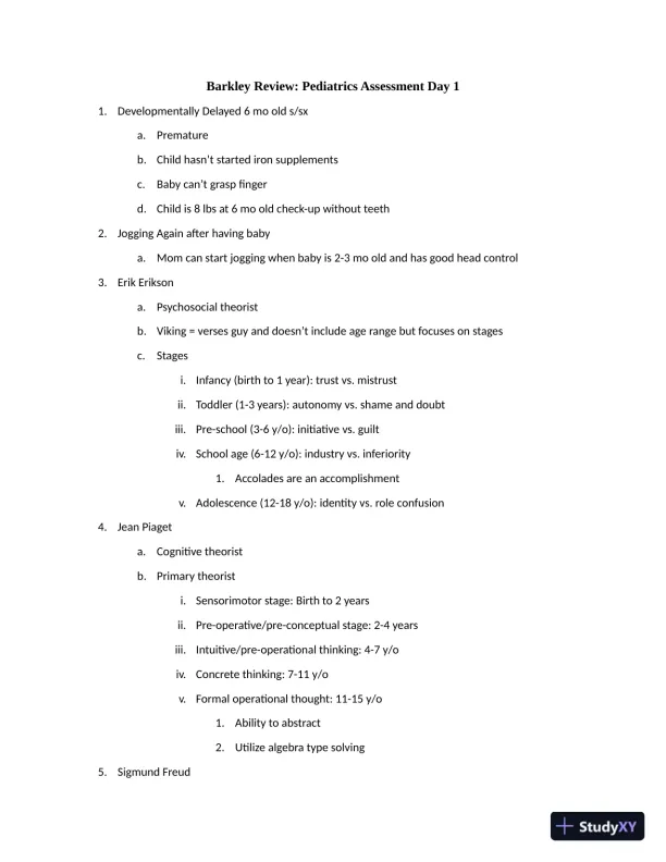 Barkley Review: Pediatrics Assessment Day 1 with Answers (50 Solved Questions) - Page 1 preview image