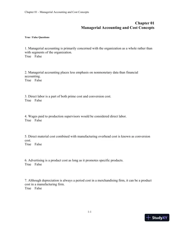 Test Bank For Introduction To Managerial Accounting, 5th Edition - Page 1 preview image
