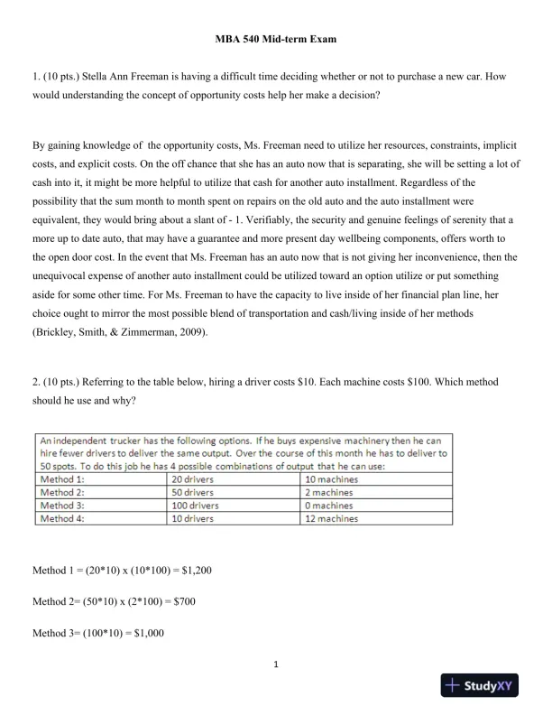 MBA 540 Mid-term Exam - Page 1 preview image