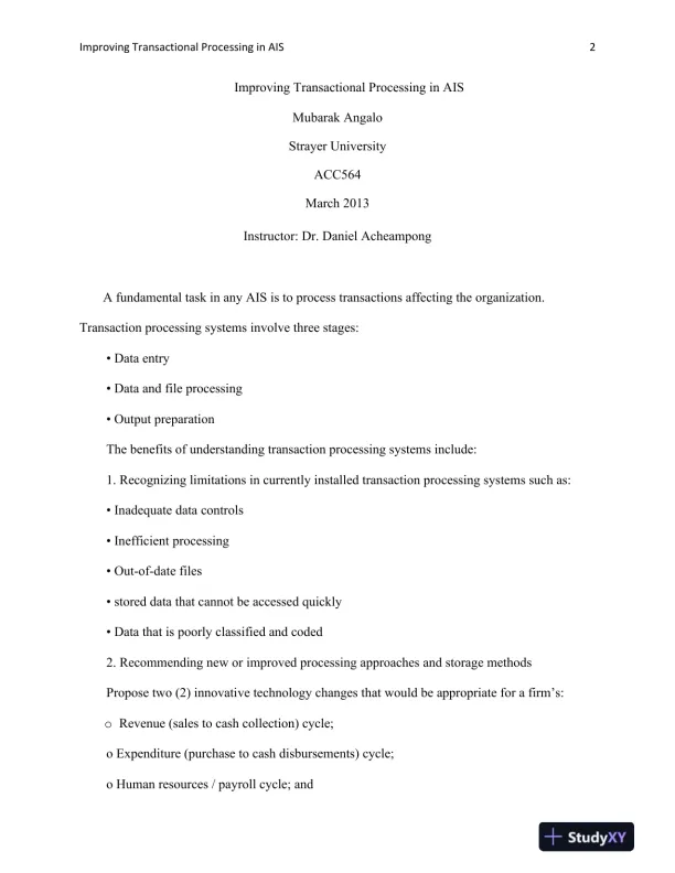 ACC564 Improving Transactional Processing in AIS Strayer University - Page 3 preview image