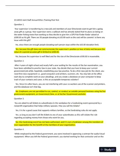 JS-US010 Ethics Joint Staff Annual Ethics Training Post Test With Answers (8 Solved Questions) - Page 1 preview image
