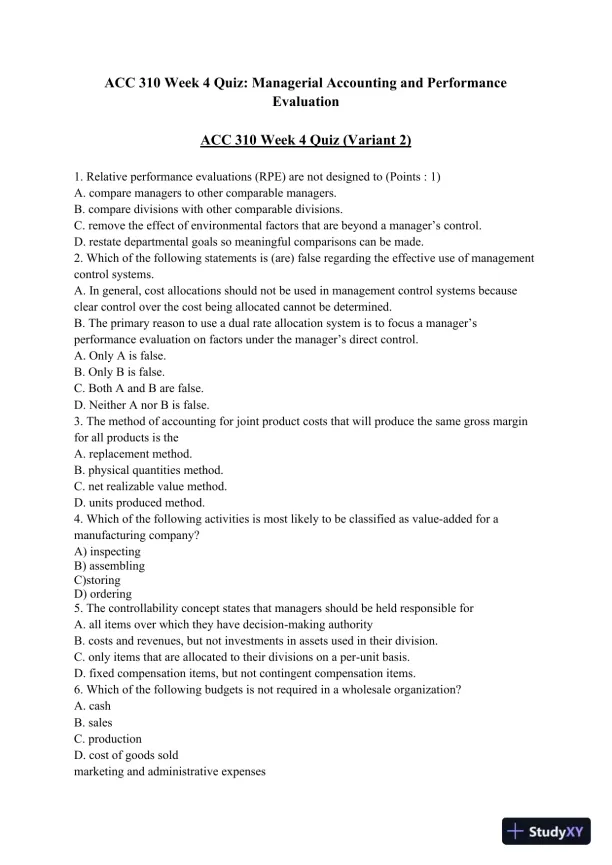 ACC 310 Week 4 Quiz: Managerial Accounting and Performance Evaluation - Page 1 preview image