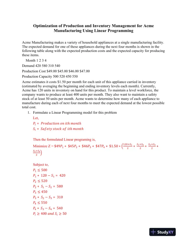 Optimization of Production and Inventory Management for Acme Manufacturing Using Linear Programming - Page 1 preview image