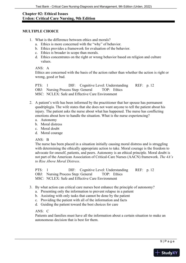 Test Bank for Critical Care Nursing: Diagnosis and Management, 9th Edition (Chapters 1-27) - Page 12 preview image