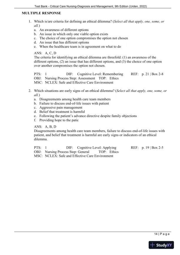 Test Bank for Critical Care Nursing: Diagnosis and Management, 9th Edition (Chapters 1-27) - Page 17 preview image
