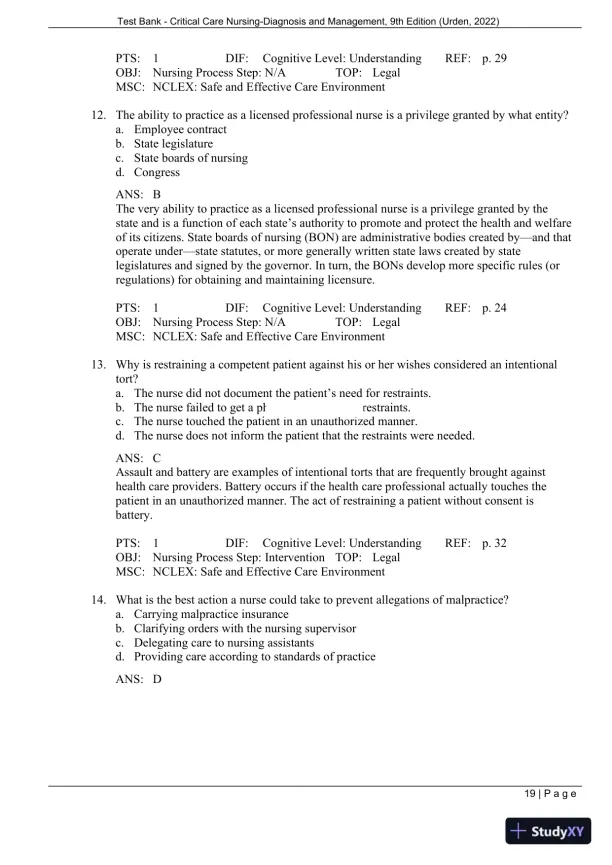 Test Bank for Critical Care Nursing: Diagnosis and Management, 9th Edition (Chapters 1-27) - Page 22 preview image
