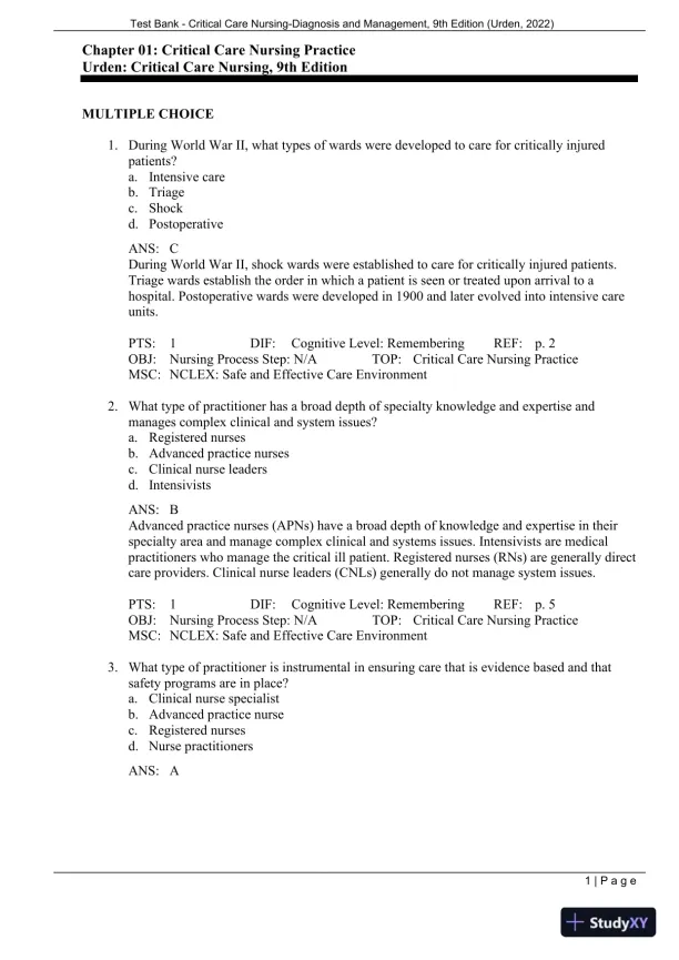 Test Bank for Critical Care Nursing: Diagnosis and Management, 9th Edition (Chapters 1-27) - Page 4 preview image