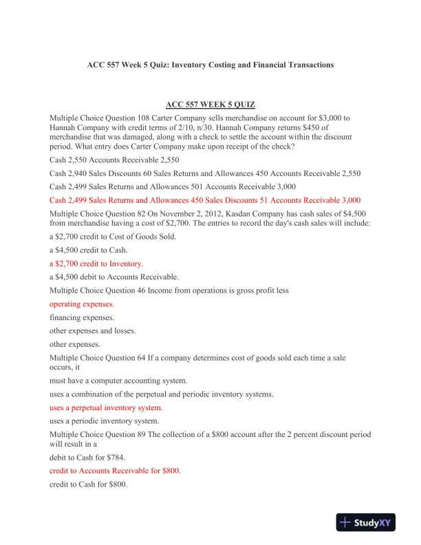 ACC 557 Week 5 Quiz: Inventory Costing and Financial Transactions - Page 1 preview image