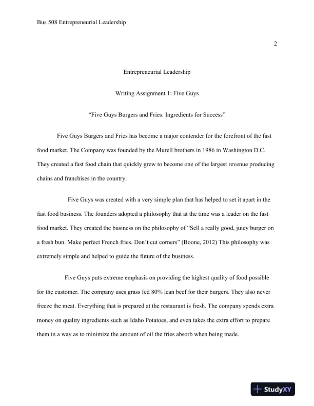 Bus 508 Entrepreneurial Leadership Writing Assignment 1: Five Guys - Page 3 preview image