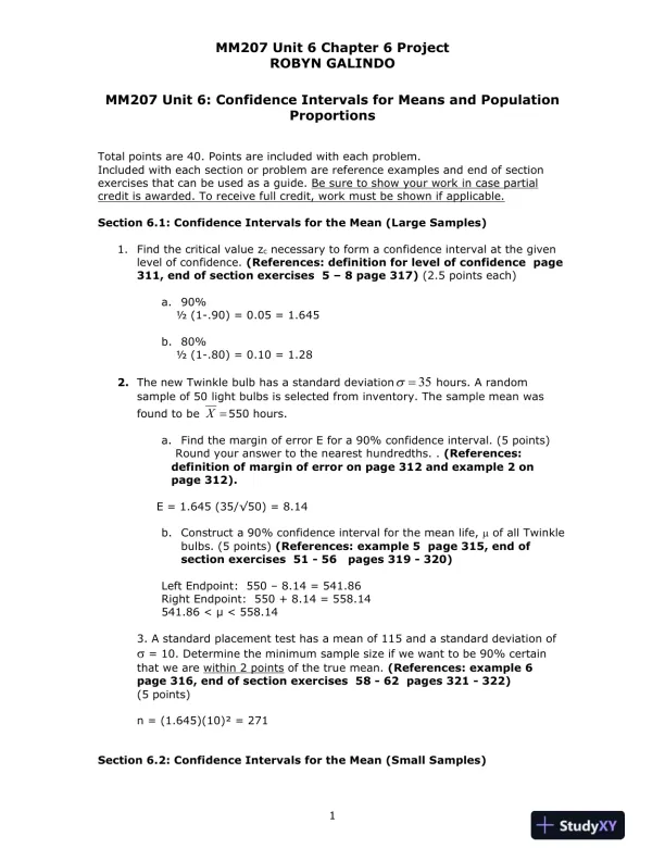MM207 Unit 6: Confidence Intervals for Means and Population Proportions - Page 1 preview image