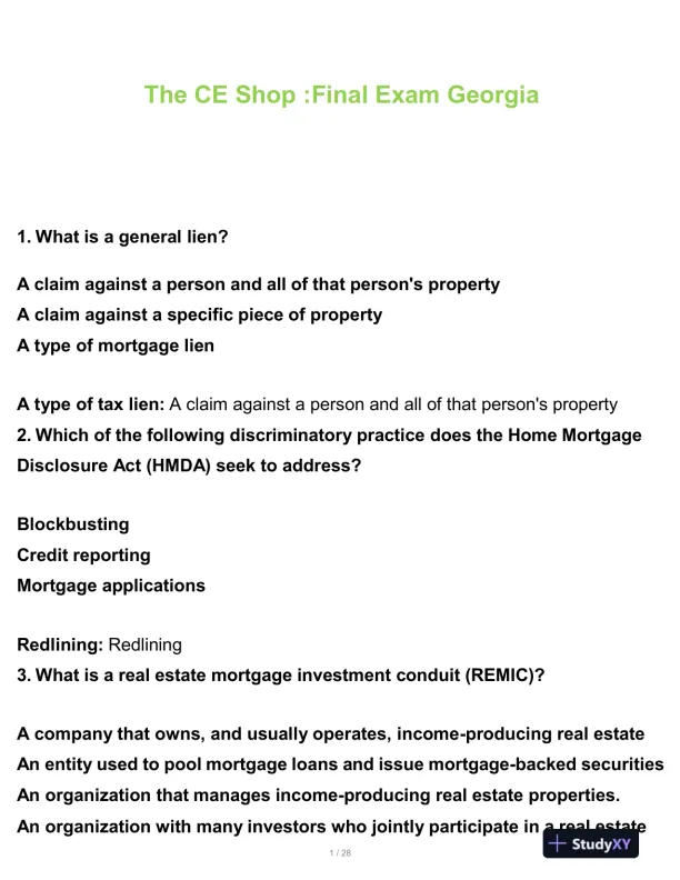 The CE Shop Construction Final Exam With Answers (100 Solved Questions) - Page 1 preview image