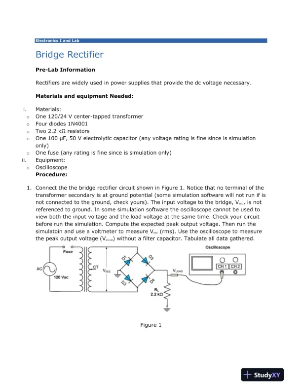 Bridge Rectifier and its Analysis: A Study of Output Voltage and Ripple Effects - Page 1 preview image