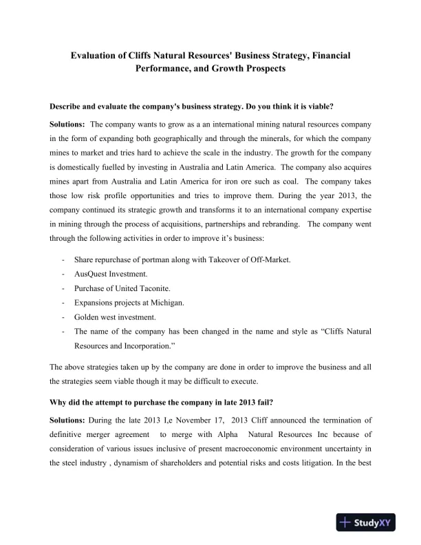 Evaluation of Cliffs Natural Resources' Business Strategy, Financial Performance, and Growth Prospects - Page 1 preview image