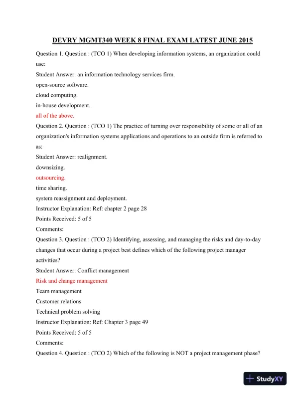 Devry MGMT340 Week 8 Final Exam Latest June 2015 - Page 1 preview image