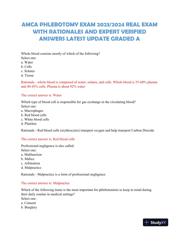 2023-2024 AMCA Hematology Phlebotomy Exam With Answers (60 Solved Questions) - Page 1 preview image