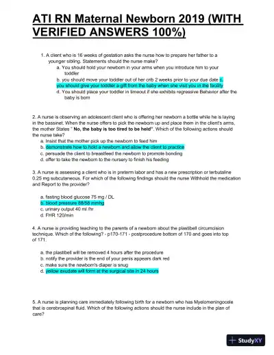 2019 ATI RN Maternal Newborn with Answers (70 Solved Questions) - Page 1 preview image