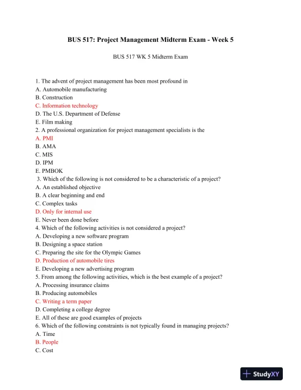 BUS 517: Project Management Midterm Exam - Week 5 - Page 1 preview image