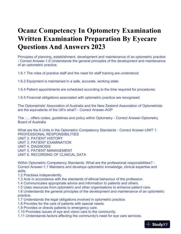 2023 OCANZ Healthcare Assessment Optometry Exam With Answers (7 Solved Questions) - Page 1 preview image