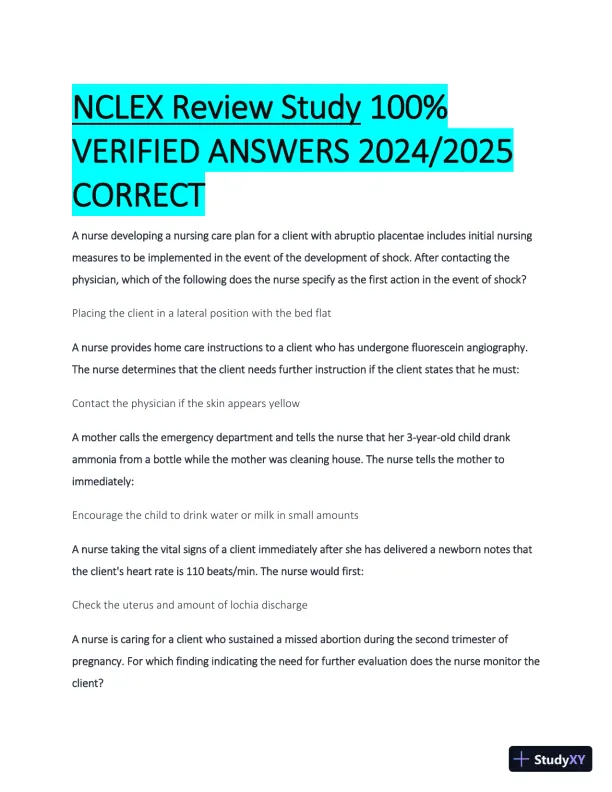 2024-2025 NCLEX Review Study Guide with Answers (50 Solved Questions) - Page 1 preview image