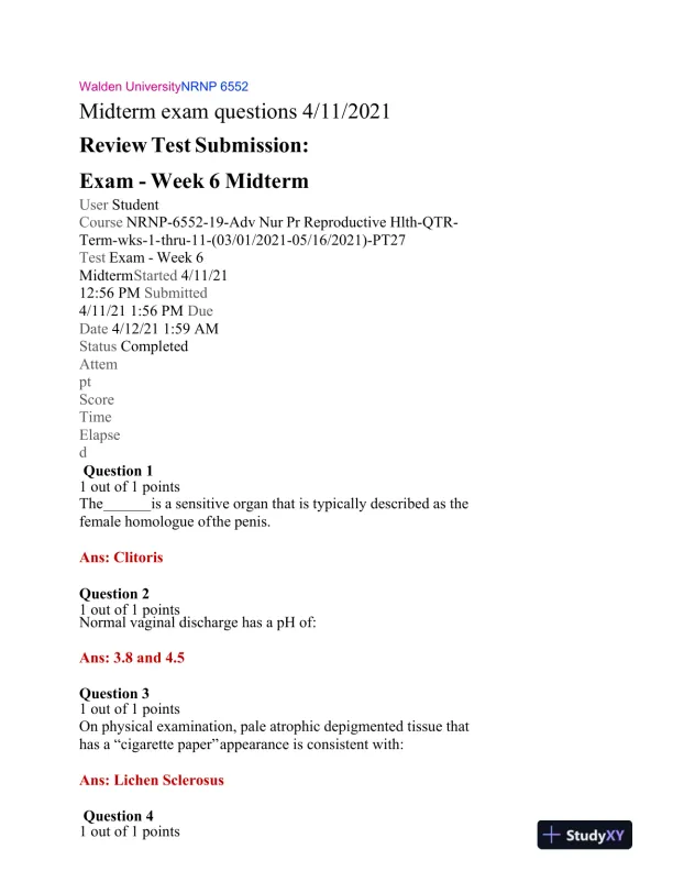 2021 NRNP6552 Hemotology Midterm Exam With Answers (101 Solved Questions) - Page 1 preview image