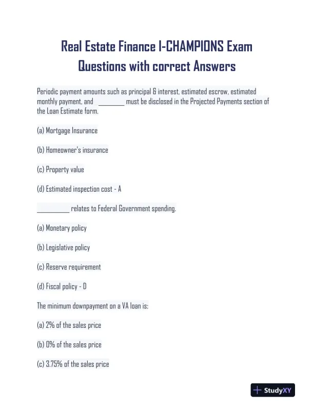 Real Estate Finance Champions Practice Exam With Answers (61 Solved Questions) - Page 1 preview image
