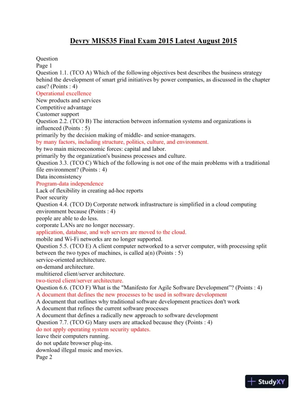 Devry MIS535 Final Exam 2015 Latest August 2015 - Page 1 preview image