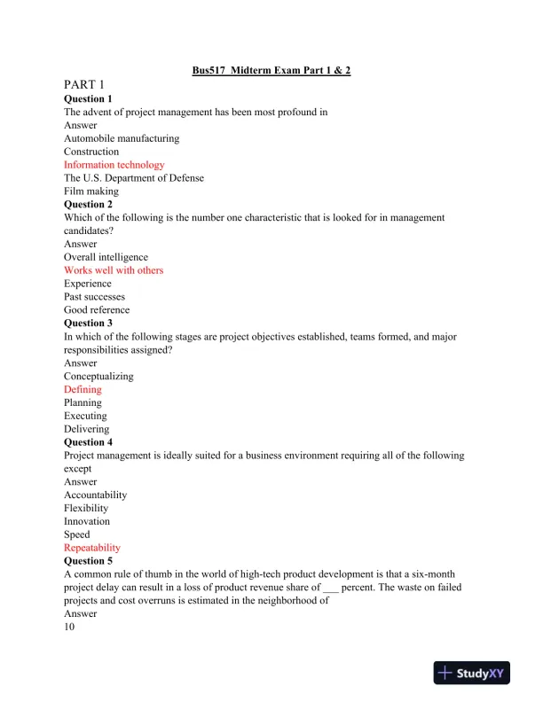 Bus517 Midterm Exam Part 1 & 2 - Page 1 preview image