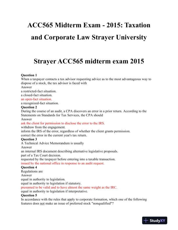 ACC565 Midterm Exam - 2015: Taxation and Corporate Law Strayer University - Page 1 preview image