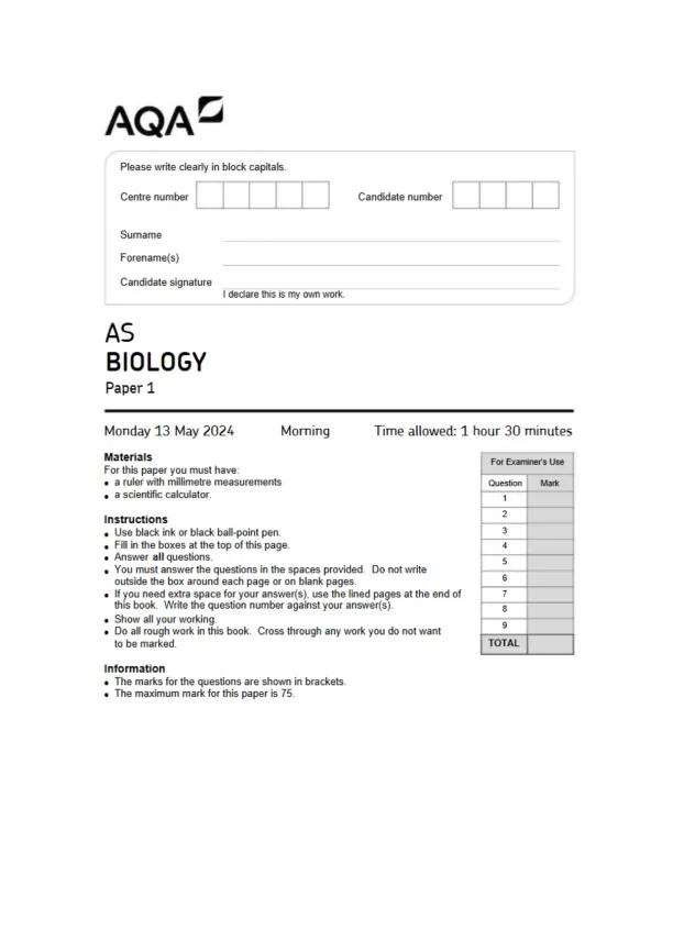 AS Biology Paper 1 2024 - Page 1 preview image