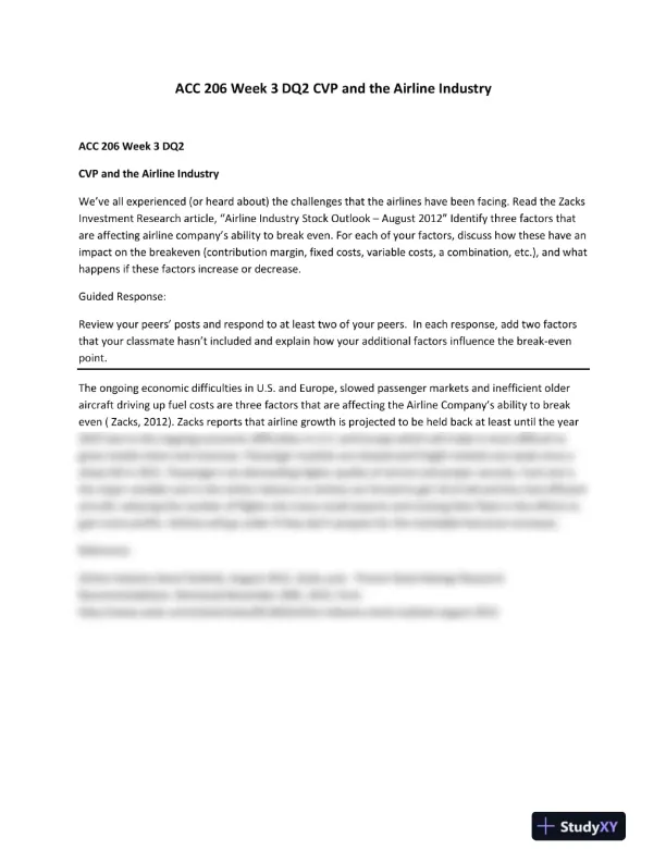 ACC 206 Week 3 DQ2 CVP and the Airline Industry - Page 1 preview image