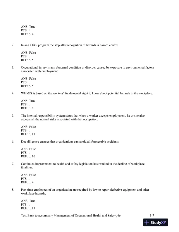 Management Of Occupational Health And Safety, 5th Edition Test Bank - Page 8 preview image