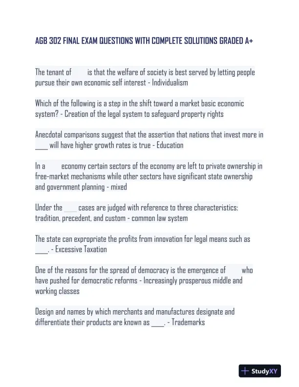 AGB302 Law Final Exam With Answers (217 Solved Questions) - Page 1 preview image