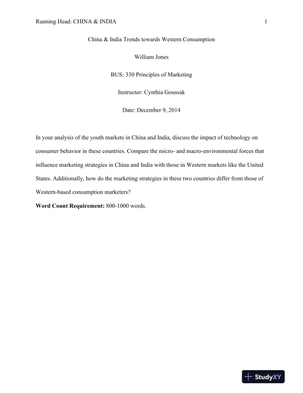 BUS 330 China & India Trends towards Western Consumption: Principles of Marketing - Page 1 preview image