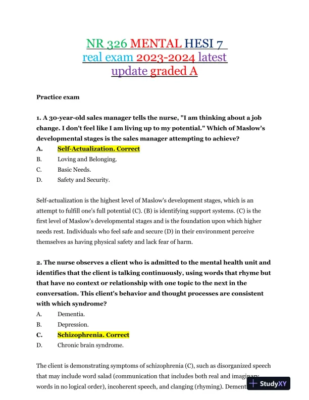 2023-2024 NR326 HESI Mental Health Real Exam With Answers (75 Solved Questions) - Page 1 preview image