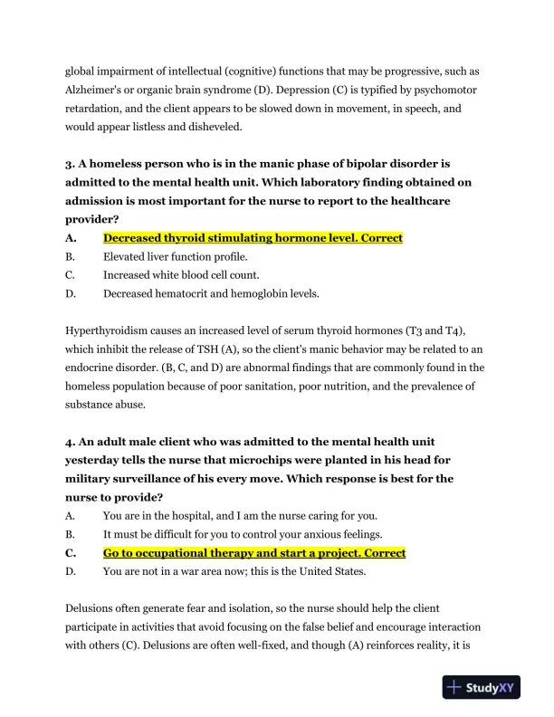 2023-2024 NR326 HESI Mental Health Real Exam With Answers (75 Solved Questions) - Page 3 preview image
