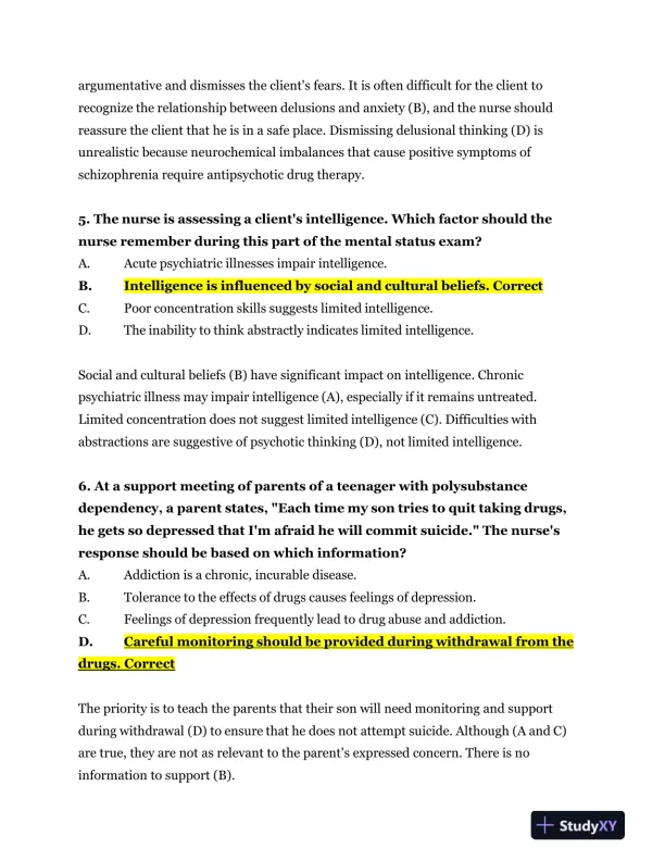 2023-2024 NR326 HESI Mental Health Real Exam With Answers (75 Solved Questions) - Page 4 preview image