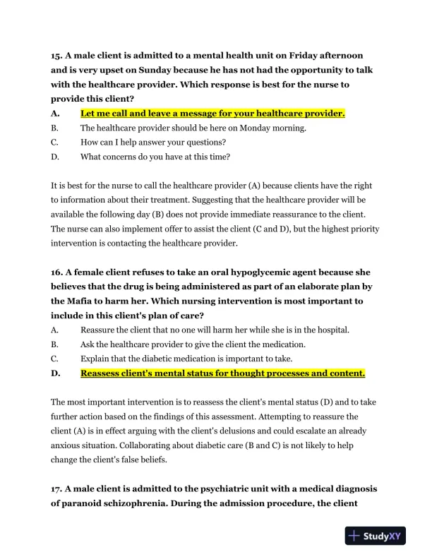 2023-2024 NR326 HESI Mental Health Real Exam With Answers (75 Solved Questions) - Page 9 preview image