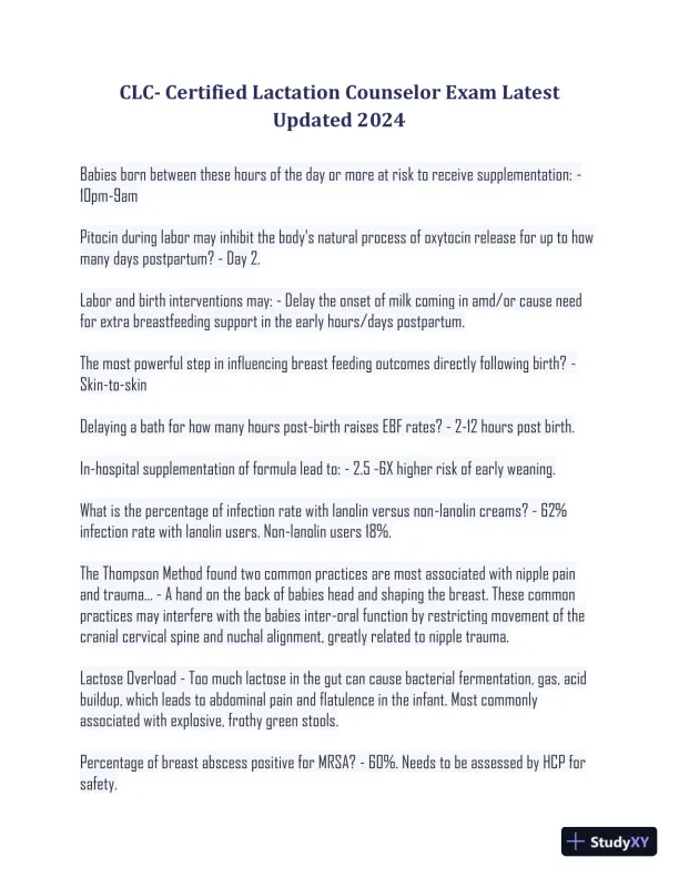 2024 CLC Postnatal Health Certified Lactation Counselor Exam With Answers (253 Solved Questions) - Page 1 preview image