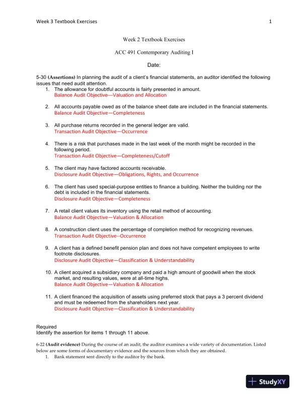 ACC 491 Contemporary Auditing I Week 2 Textbook Exercises - Page 1 preview image