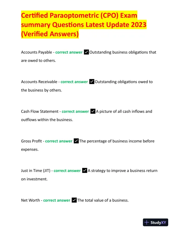 2023 CPO Paraoptometric Certification Exam With Answers (320 Solved Questions) - Page 1 preview image